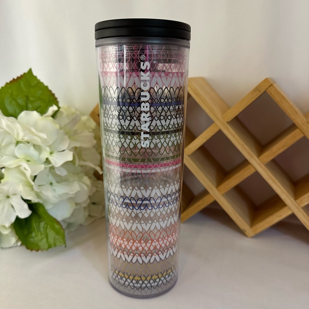 Starbucks 2017 Linking Hearts Pink Black Acrylic Thermal Travel Mug 16 fl. oz.
